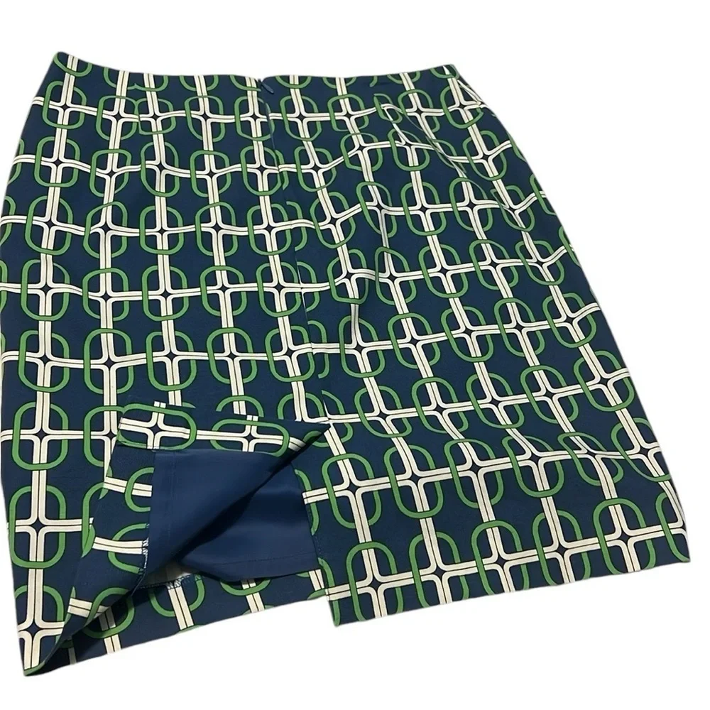 Talbots Petitis Size 8P  Blue Green Pencil Links Skirt Wedding Church Workwear